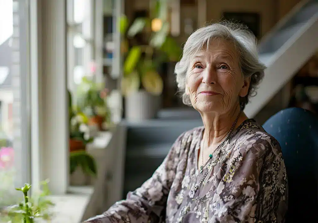 Een vrouw op een gehuurde traplift